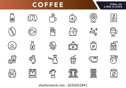 Coffee linear icon set. Latte, drink, coffee beans, roasting, breakfast, morning tea, coffee shop, mug, cup, coffee machine, sugar, caffeine, outline icon collection. UI thin vector icon pack