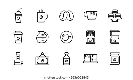 Coffee linear icon set. Latte, drink, coffee beans, roasting, breakfast, morning tea, coffee shop, mug, cup, coffee machine, sugar, caffeine, outline icon collection. UI thin vector icon pack