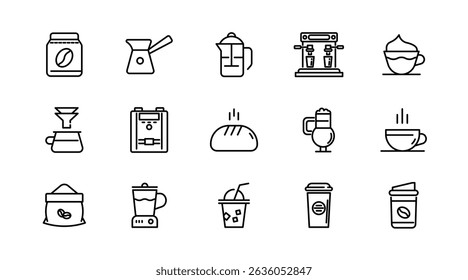 Coffee linear icon set. Latte, drink, coffee beans, roasting, breakfast, morning tea, coffee shop, mug, cup, coffee machine, sugar, caffeine, outline icon collection. UI thin vector icon pack