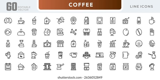 Coffee linear icon set. Latte, drink, coffee beans, roasting, breakfast, morning tea, coffee shop, mug, cup, coffee machine, sugar, caffeine, outline icon collection. UI thin vector icon pack