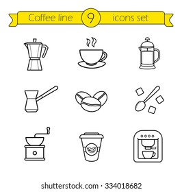 Coffee linear icons set. French press and Italian stove top coffee maker thin line drawings. Takeaway paper cup and coffee mill. Espresso machine and roasted coffee beans outline illustrations.  