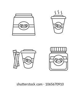 Coffee linear icons set. Coffee paper pack, glass jar and hot drink with sugar. Thin line contour symbols. Isolated vector outline illustrations