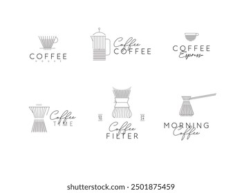 Coffee linear labels with lettering cup, glass, french press, maker, filter, drip, turk, pot drawn with flat black lines on white background