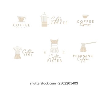 Coffee linear labels with lettering cup, glass, french press, maker, filter, drip, turk, pot drawn with flat beige lines on white background