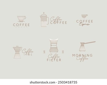 Coffee linear labels with lettering cup, glass, french press, maker, filter, drip, turk, pot drawn with flat brown lines on grey background