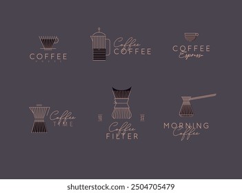 Coffee linear labels with lettering cup, glass, french press, maker, filter, drip, turk, pot drawn with flat lines on brown background