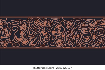 Coffee linear print. Abstract cup, beans. Vector contour seamless strip repeat on black background. Natural aroma drink