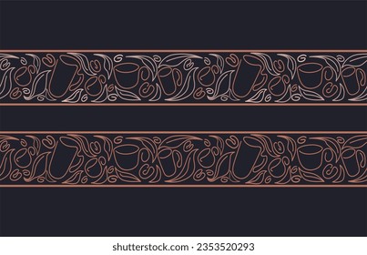 Coffee linear print. Abstract cup, beans. Vector contour seamless strip repeat on black background. Natural aroma drink