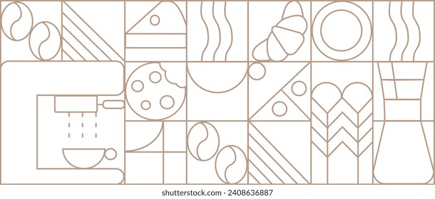 Coffee linear print. Pattern with coffee theme in geometric minimalistic style. Abstract shapes. Illustration for cover design, food package, menu, background, café wall, coffee shop, banner