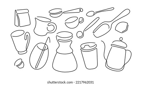 Coffee linear set. Abstract cups, glass, americano, and takeout. Vector drawn illustration, minimalist sketch for cafe design. Aroma breakfast