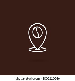 Coffee location icon. Map pointer with bean icon with brown background. Pin map with coffee bean symbol in line style design. Vector illustration