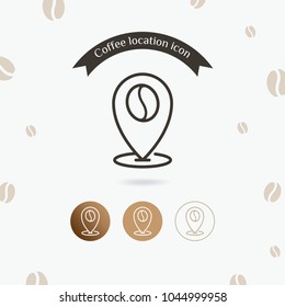 Coffee location icon. Map pointer with coffee bean icon, Pin map with coffee bean symbol