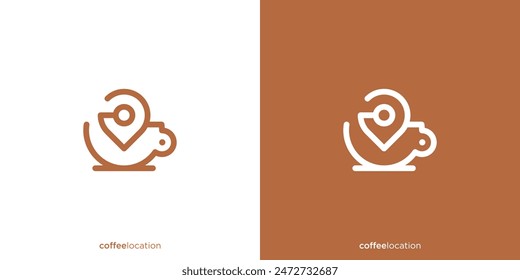 Coffee Location Logo Designs. Pin, Map, Point, Location and Coffee Mug with Line art Outline Style. Coffee Shop Logo, Icon, Symbol, Vector, Design Template.