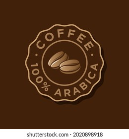 Logo del café. Café, emblema árabe al 100%. Granos de café de oro con letras en una placa redonda ondulada.