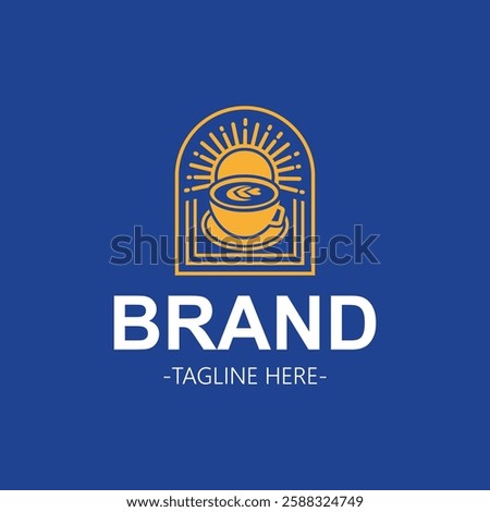 Coffee logo with barista-style latte art, retro design, and a sunset coffee background in yellow and blue – minimalist for branding, coffee shops, and apparel