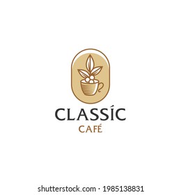 coffee logo with coffee bean and leaf branch natural line stamp logo vector icon design in vintage hipster modern beautiful style, premium coffee shop bar icon 