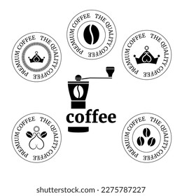 Coffee logo. Brand of coffee. The highest grade. Coffee grinder. Coffee beans.