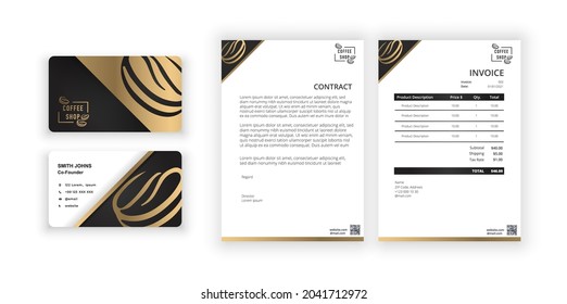 Coffee logo, Business card and blank. Modern minimalist template. Document design template for office, company. Gold ornament greeting card on a black background. Vector illustration.