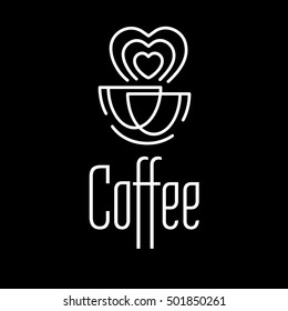 Coffee logo. Caps, heart, love, coffee emblem. Vector illustration.