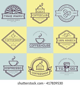 Coffee logo collection. Templates in outline style. Set of retro labels for coffee shop or cafe. Isolated logotypes on yellow and blue stickers. Vector illustration.