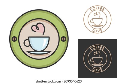 Coffee logo color design for coffeeshop or cafe. Espresso or cappuccino vector sign. Creative logotype, trendy line icon, bean symbol.