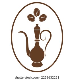 Coffee logo, coffee color coffee pot and three coffee beans.