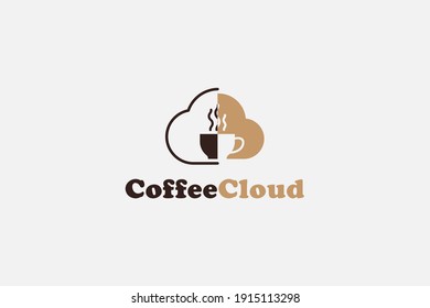 Coffee Logo. A Cup of Hot Smoky Coffee with Cloud Icon Combination in Brown Color isolated on Vintage Background. Flat Vector Logo Design Template Element for Coffee Shop, Cafe and Restaurant Logos.