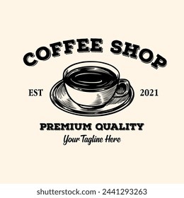 Coffee logo. Cup of coffee logo. Vintage logo for coffee shop logo. Hand drawn coffee label. Sketch line art illustration style