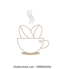 Coffee logo depicted with a cup filled with coffee beans in the shape of love