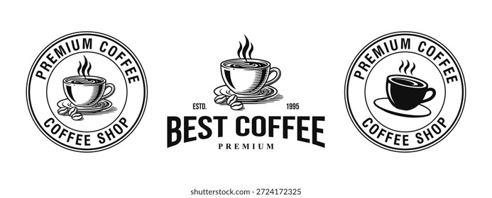 Diseño de logo de café. Insignia, café, bebida, mañana, premium, calidad. Vector Plantilla EPS 10