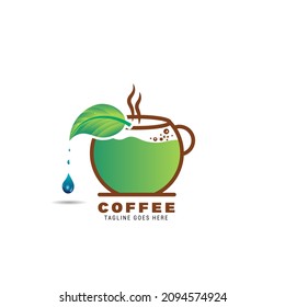 coffee logo design with dripping herbal leaves