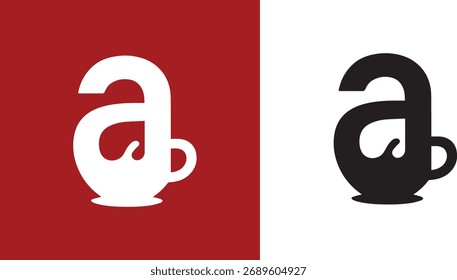 coffee logo design with initial letter A and coffee cup vector illustration on white and red background. Letter a logo design