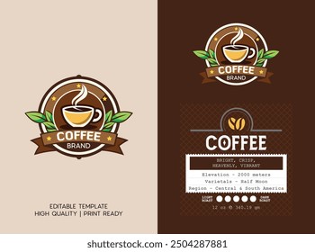 Coffee logo design with pouch packaging bag packaging design template download, Premium Coffee label design for food zip package print ready file for branding identity design template.