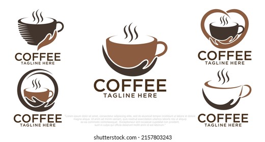 Coffee logo design template combination cup and hand, simple icon set logos