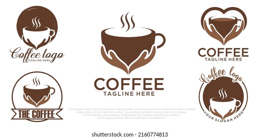 Plantilla de diseño de logotipo de café combinación de logotipos de conjunto de iconos simples y de mano y taza