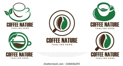 Plantilla de diseño del logotipo del café, taza combinada, judía y hoja