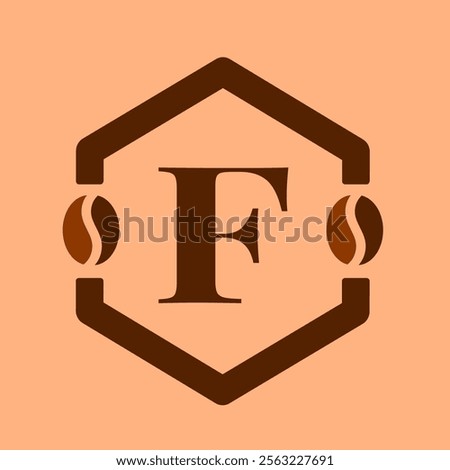 Coffee logo design template. Letter F logotype hexagon clip art vector illustration. Coffee bean modern logotype with brown colour good for cafe badge design