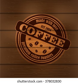 Coffee logo emblem retro design template on wood background