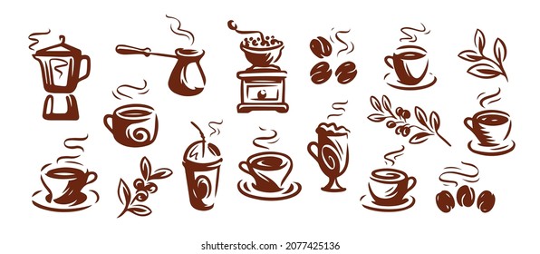 Coffee logo, emblem set design. Hand drawn vector illustration