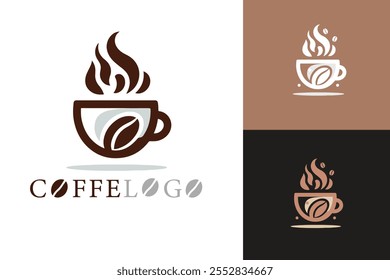 Logotipo de café com uma xícara de vapor e ilustração de grão de café, projetado em vetor para identidade de marca e de negócios