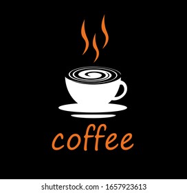 Das Kaffeelogo. Fragrant Cup des Kaffees auf schwarzem Hintergrund.Vektorillustration trinken, Cappuccino, Koffein, Espresso.