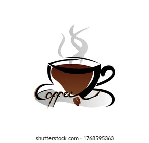 Coffee Logo. Fresh Hot Coffee Cup with Smoke. Vector Illustration. Decorative Design for Cafeteria, Posters, Banners, Cards, cafe
