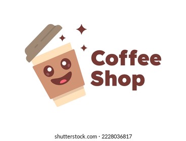 Coffee logo. Funny coffee cup with happy face line logo icon vector for cafe and restaurant business.