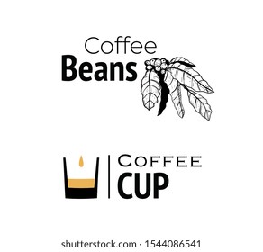 Coffee logo, hand drawn and minimal cup with filter coffee design. Hand drawn vector coffee natural branch logotype and drop of coffee with a cup. 