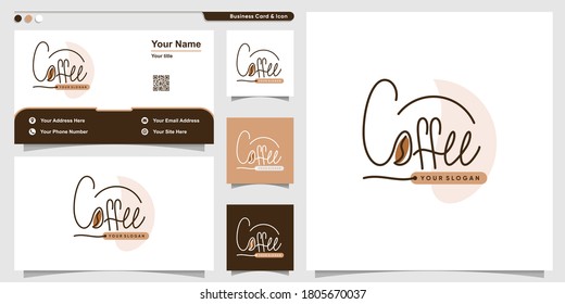 Coffee logo with handwriting line art style and business card design template Premium Vector