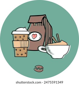 Coffee  logo, icon.  Сoffee beans bag. coffee cup and takeaway coffee cup. Vector illustration