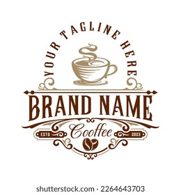 coffee logo illustration design. cup of coffee in vintage style, very suitable for coffee business, coffee shop, label etc