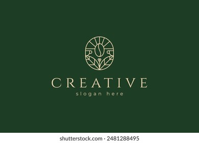 Coffee Logo with line art style icon design template vector on green background