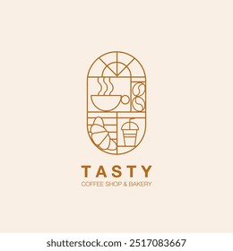 Coffee Logo with line art style icon design template vector. Retro style.  Vector illustration for Bakery and Coffee shop. Icons. Coffee bean, cup of coffee and croissant.