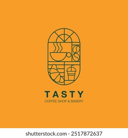 Logo de café con Vector de Plantilla de diseño de iconos de estilo de arte de línea. Estilo retro.  Ilustración vectorial para panadería y cafetería. Iconos. Grano de café, taza de café y croissant.